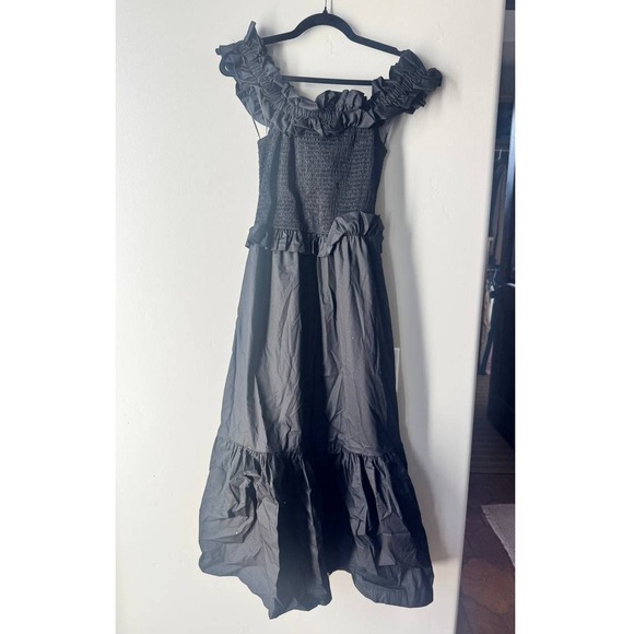 Caroline Constas Black Smocked Poplin Ruffle Tiered Off the Shoulder Dress M - Picture 3 of 7